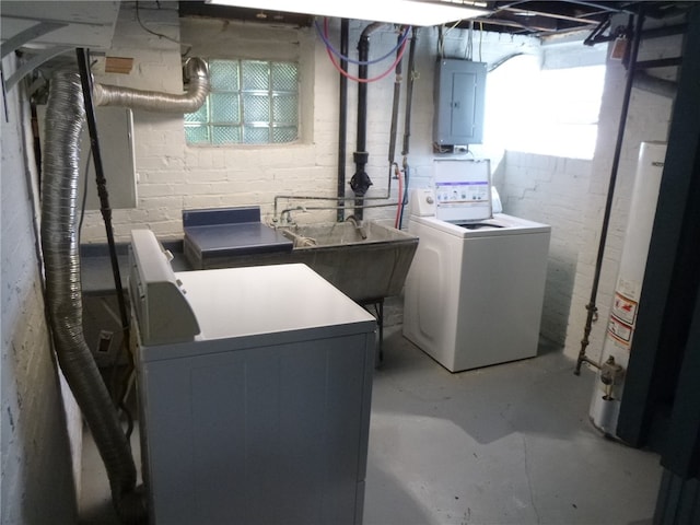 laundry room with washer / dryer, sink, gas water heater, and electric panel