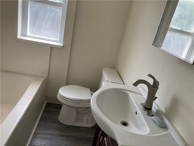 bathroom featuring a healthy amount of sunlight, wood-type flooring, toilet, and sink