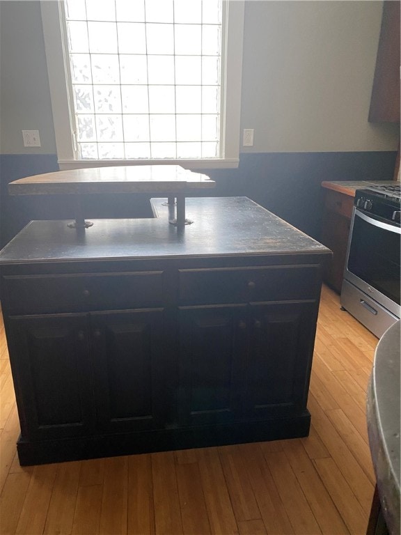 kitchen with stainless steel range oven and light wood-type flooring