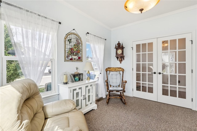 living area with crown molding, carpet, and french doors