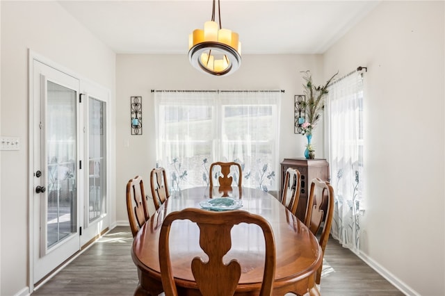 dining area featuring dark wood-type flooring