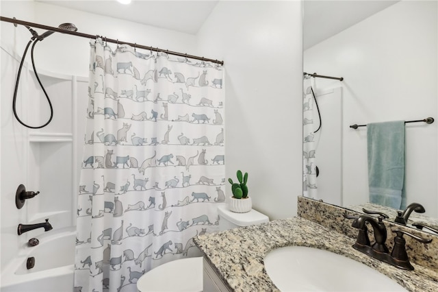 full bathroom with vanity, toilet, and shower / bath combination with curtain