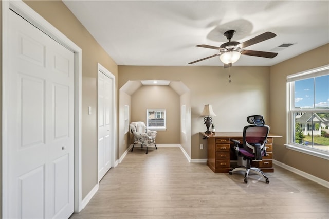 office featuring ceiling fan and light hardwood / wood-style floors