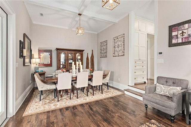 dining room featuring dark hardwood / wood-style floors, beamed ceiling, coffered ceiling, and a notable chandelier