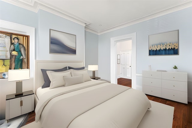 bedroom featuring dark wood-type flooring and crown molding