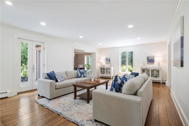 living room featuring crown molding and light wood-type flooring