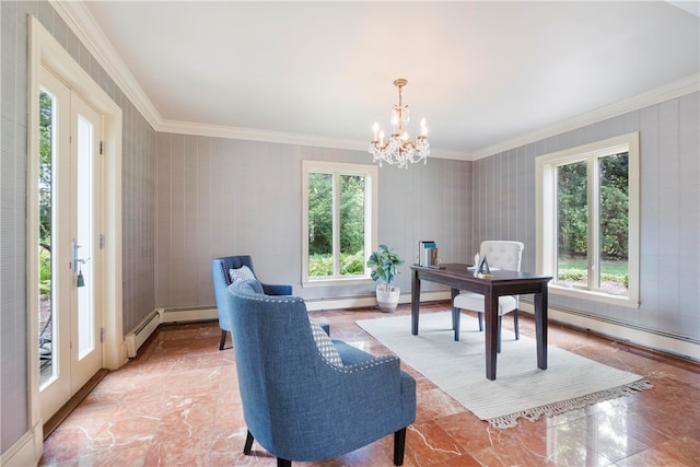 office space with light tile patterned floors, crown molding, a chandelier, and plenty of natural light