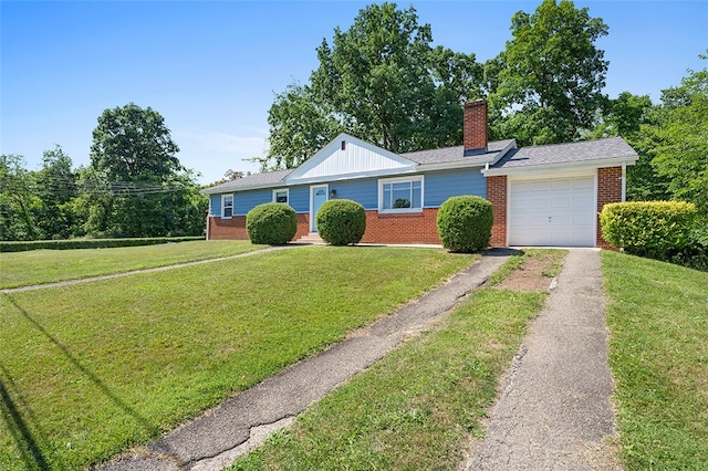 ranch-style home with a garage and a front lawn