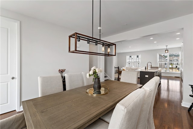 dining area with sink and dark wood-type flooring