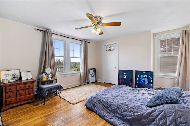 bedroom with ceiling fan and wood-type flooring