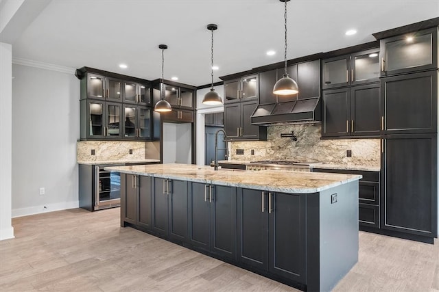 kitchen with pendant lighting, light hardwood / wood-style floors, and an island with sink