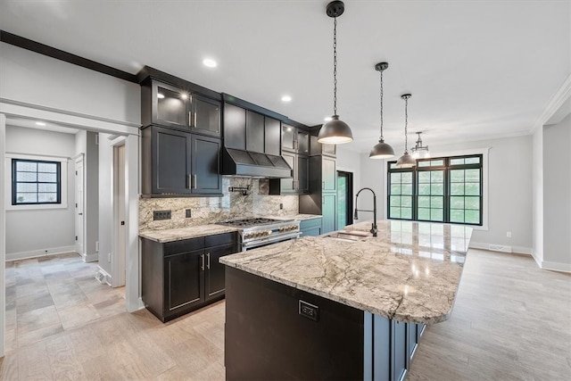 kitchen featuring a healthy amount of sunlight, high end stainless steel range, a large island, and sink