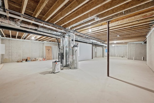 basement with heating unit and water heater