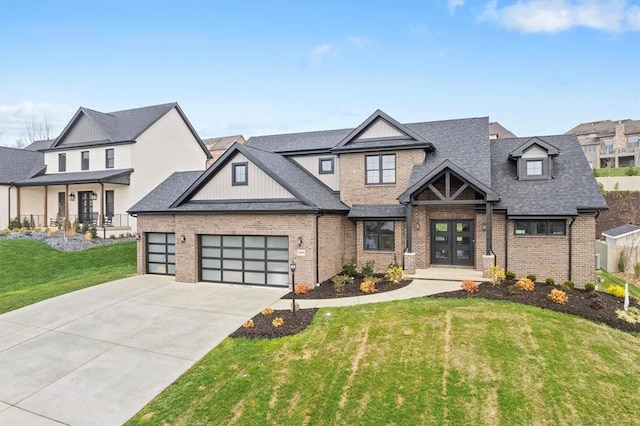 view of front facade featuring french doors, a front lawn, and a garage