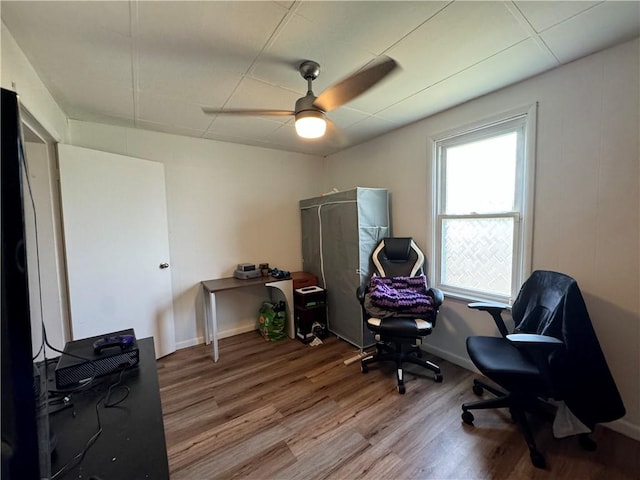 office space with a healthy amount of sunlight, ceiling fan, and wood-type flooring