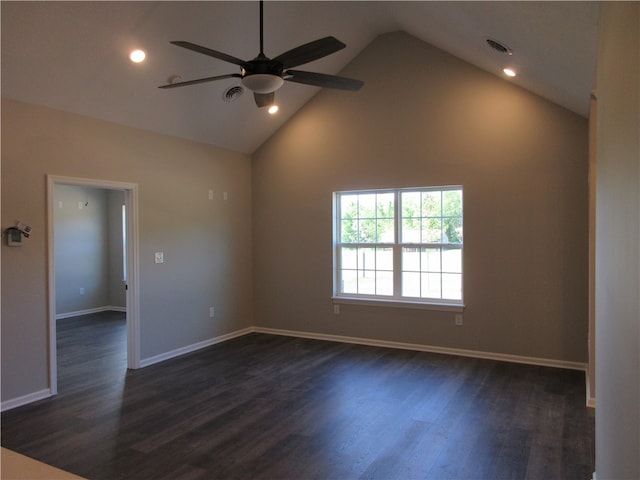 spare room with high vaulted ceiling, ceiling fan, and dark hardwood / wood-style floors