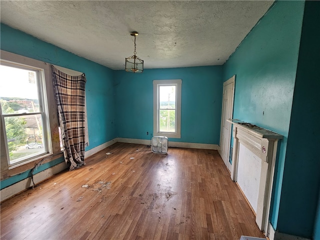 unfurnished dining area with a textured ceiling and hardwood / wood-style flooring