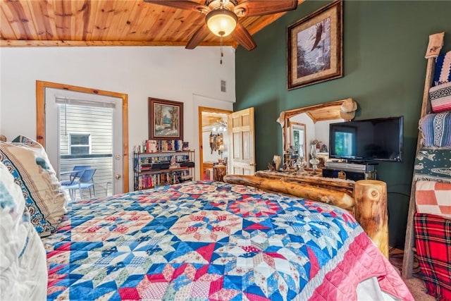 bedroom with ceiling fan, wood ceiling, and vaulted ceiling