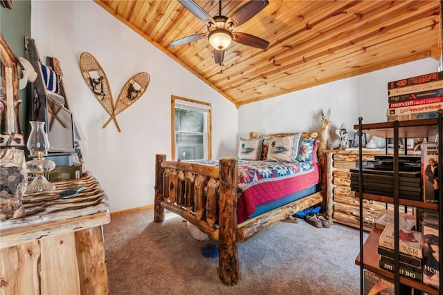 carpeted bedroom with ceiling fan, lofted ceiling, and wooden ceiling