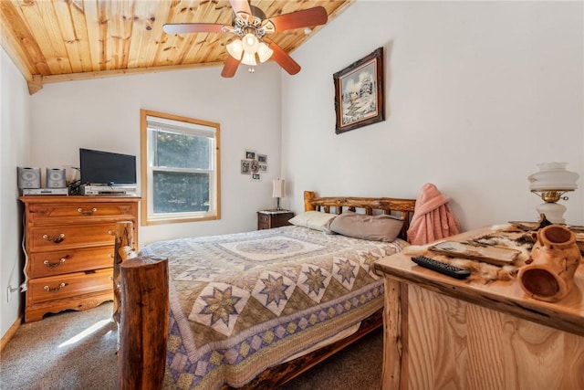 carpeted bedroom with ceiling fan, wooden ceiling, and lofted ceiling