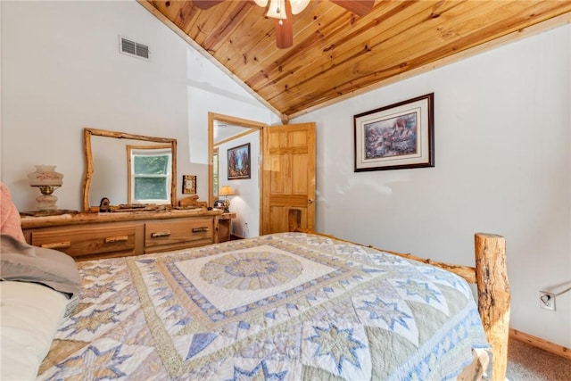 carpeted bedroom featuring lofted ceiling, ceiling fan, and wood ceiling