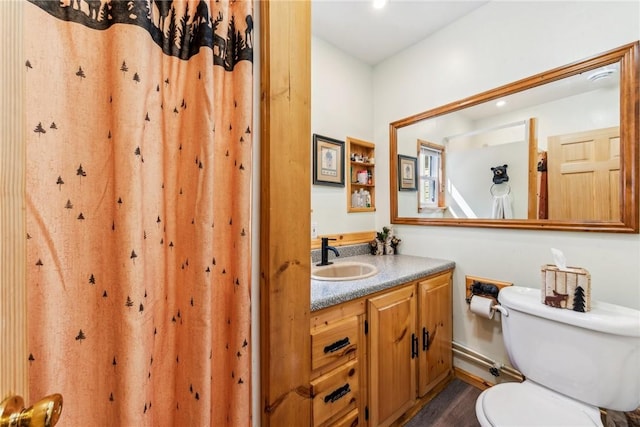 bathroom featuring toilet, vanity, and hardwood / wood-style flooring