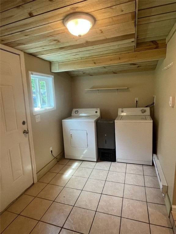 clothes washing area with separate washer and dryer, light tile patterned floors, and wood ceiling