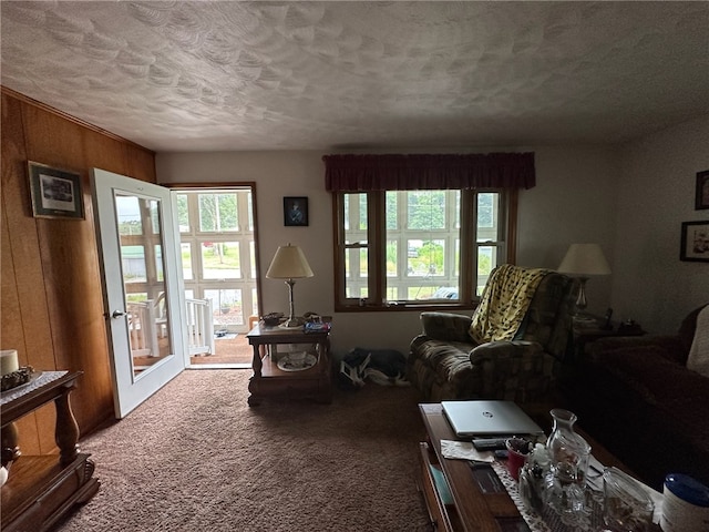 carpeted living room featuring a textured ceiling