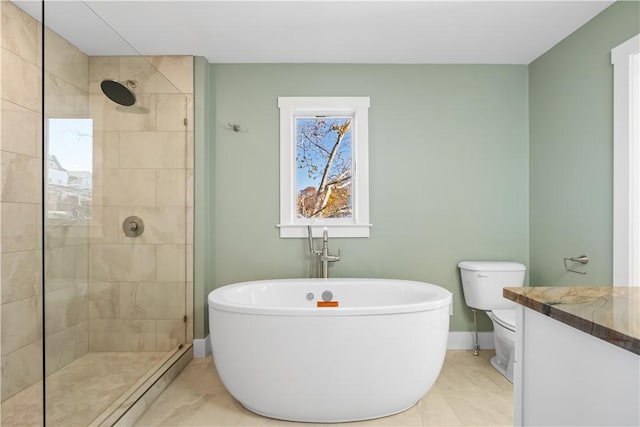 full bathroom with toilet, vanity, independent shower and bath, and tile patterned flooring