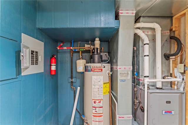 utilities with water heater and electric panel