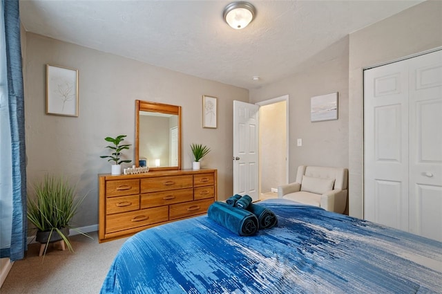 carpeted bedroom with baseboards and a closet