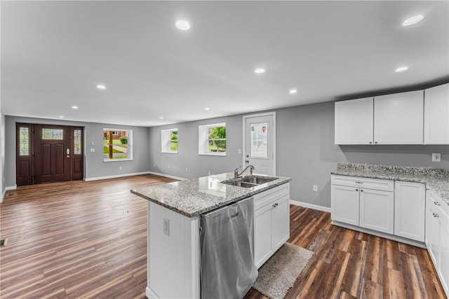 kitchen featuring white cabinetry, dishwasher, dark hardwood / wood-style flooring, and sink