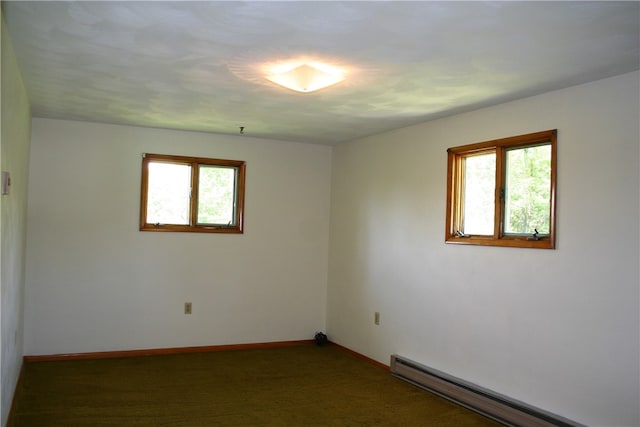 spare room featuring carpet, baseboards, and baseboard heating