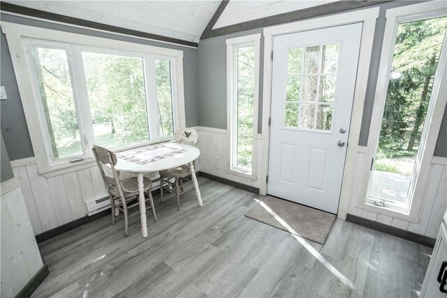 doorway to outside with lofted ceiling, light hardwood / wood-style floors, and a wealth of natural light