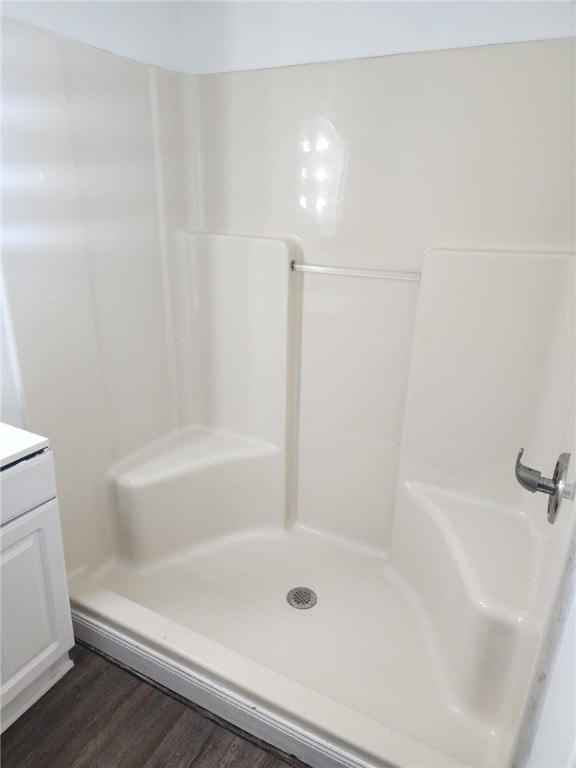 bathroom featuring vanity, walk in shower, and hardwood / wood-style floors