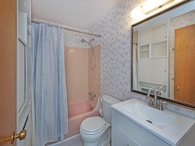 full bathroom with shower / bath combo, toilet, and vanity