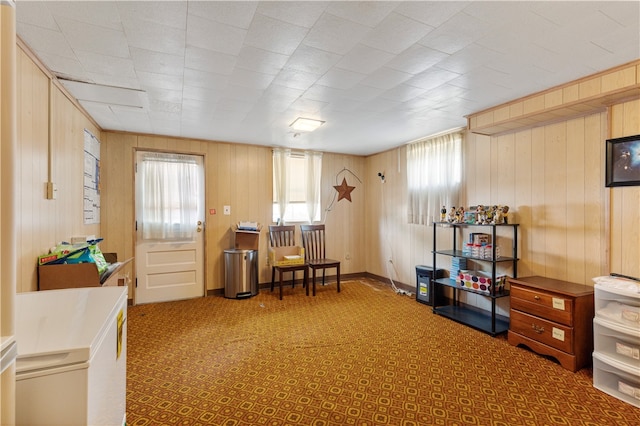 carpeted home office featuring wood walls