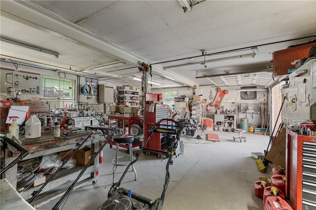 garage featuring a workshop area