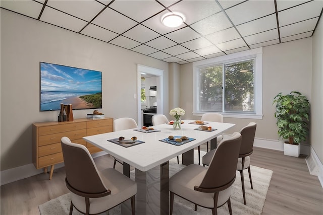 dining space featuring light hardwood / wood-style flooring and a drop ceiling