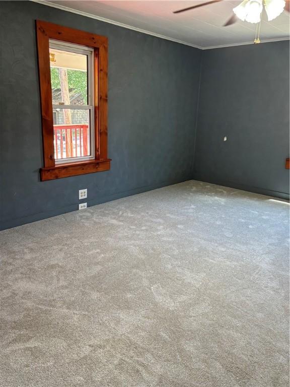 carpeted empty room with ornamental molding and ceiling fan