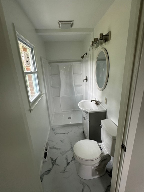 bathroom featuring a shower, vanity, and toilet