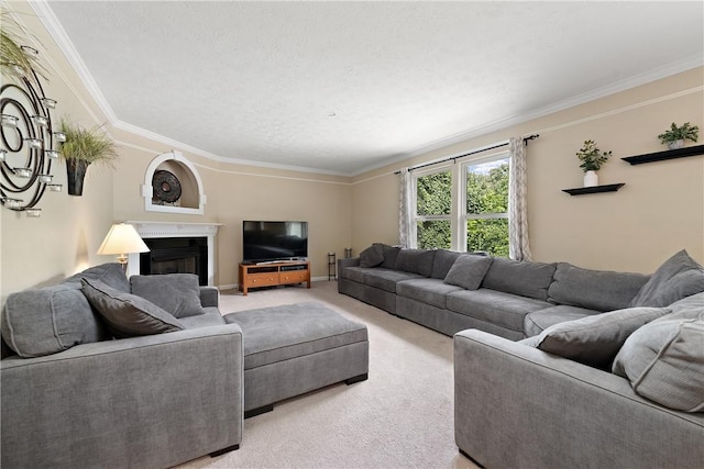 living room featuring ornamental molding and light carpet