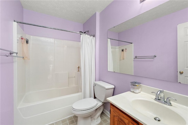 full bathroom with vanity, toilet, a textured ceiling, and shower / bathtub combination with curtain