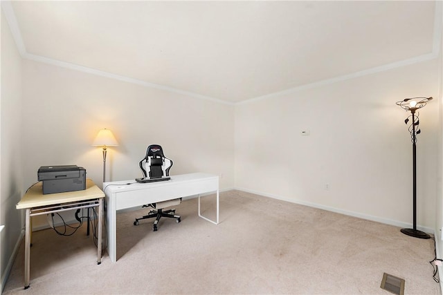 office area featuring ornamental molding and carpet floors