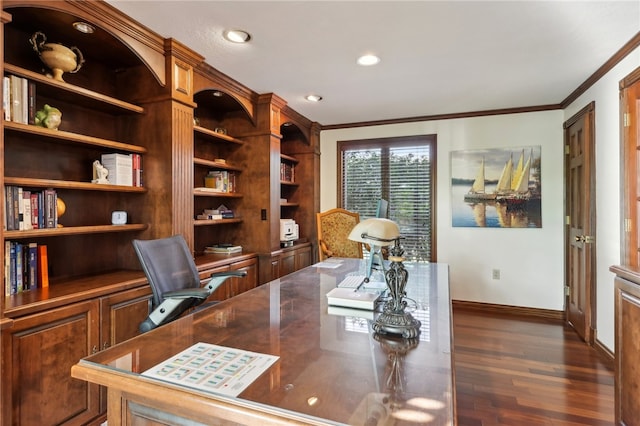 office featuring crown molding and dark hardwood / wood-style floors