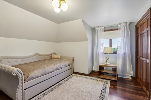 bedroom featuring dark wood-type flooring, vaulted ceiling, and a closet