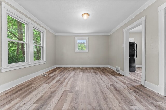 empty room featuring crown molding, a wealth of natural light, and light wood-type flooring