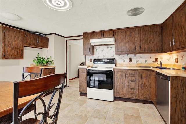 kitchen with white electric range oven, dark brown cabinets, dishwasher, and sink