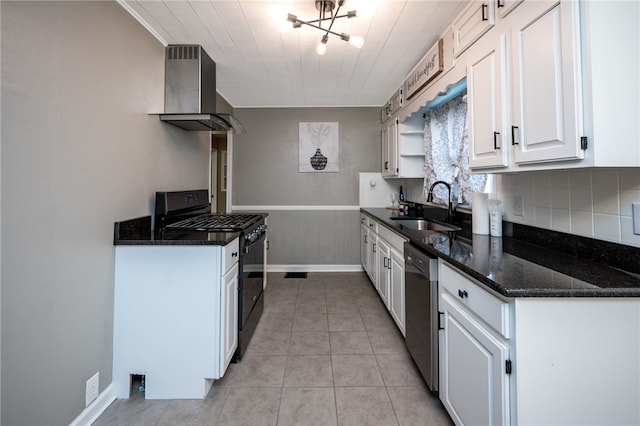 kitchen with white cabinets, sink, stainless steel dishwasher, wall chimney exhaust hood, and black gas range oven