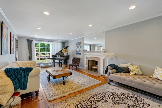 living room featuring a premium fireplace, wood-type flooring, and ornamental molding